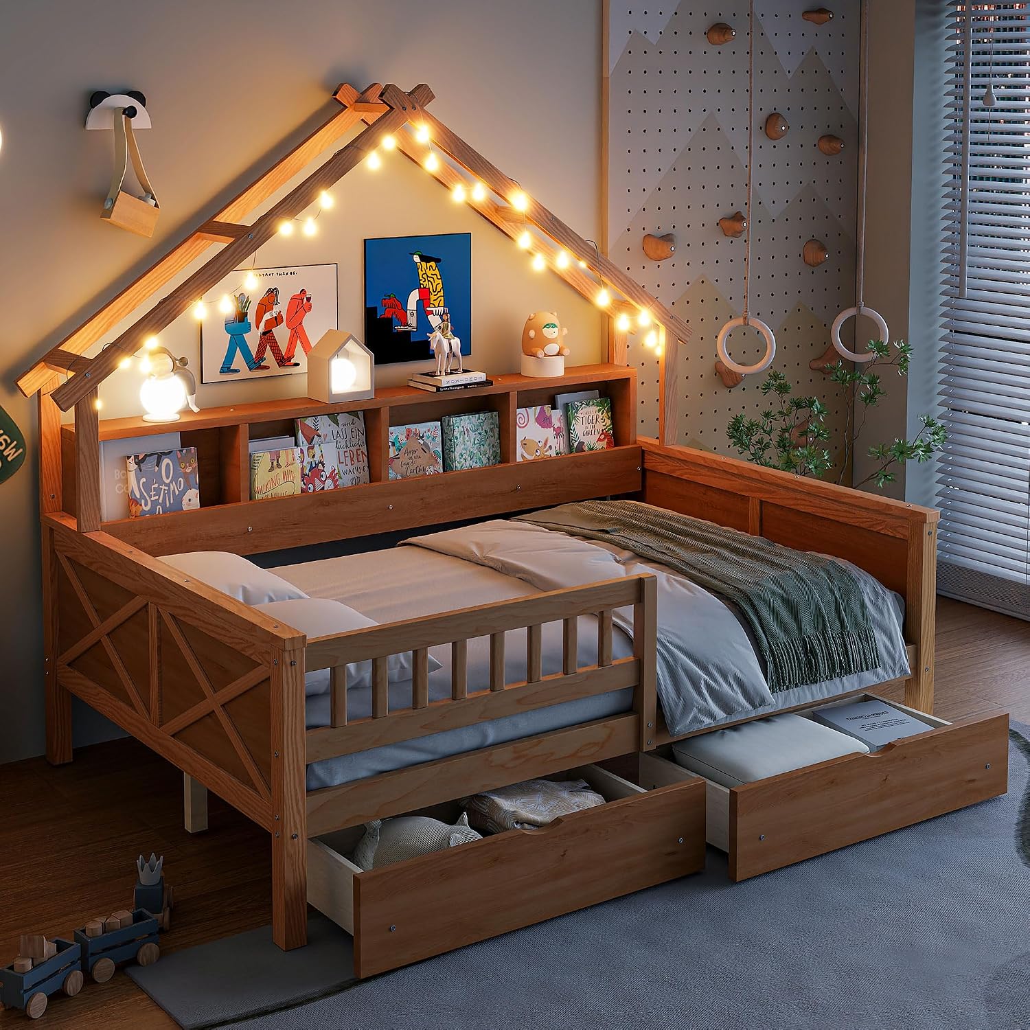 JIVOIT House Beds Wood Platform Bed, Full Size Platform Bed Frame with Storage Shelves, Drawers and Guardrail, Wood Slats Support, No Box Spring Needed (Natural/509)
