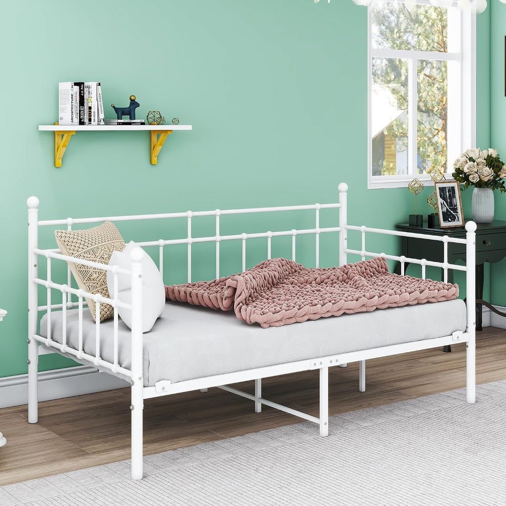 HOMERECOMMEND Metal Daybed Frame Steel Slats Platform Base Box Spring Replacemen Bed Sofa for Living Room Guest Room (Twin, White).