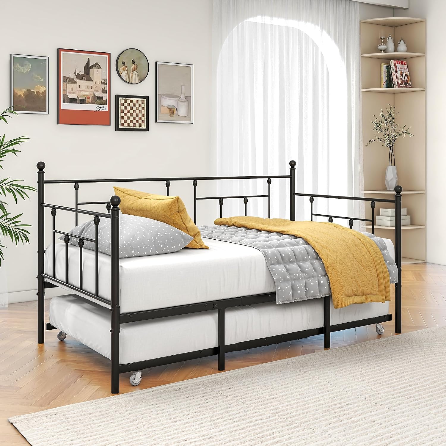 Weehom Twin Daybed with Trundle Set, Twin Size Day Bed Sofa Metal Frame, Daybed and Roll Sofa Bed for Guest Room, Bedroom, Living Room, Black