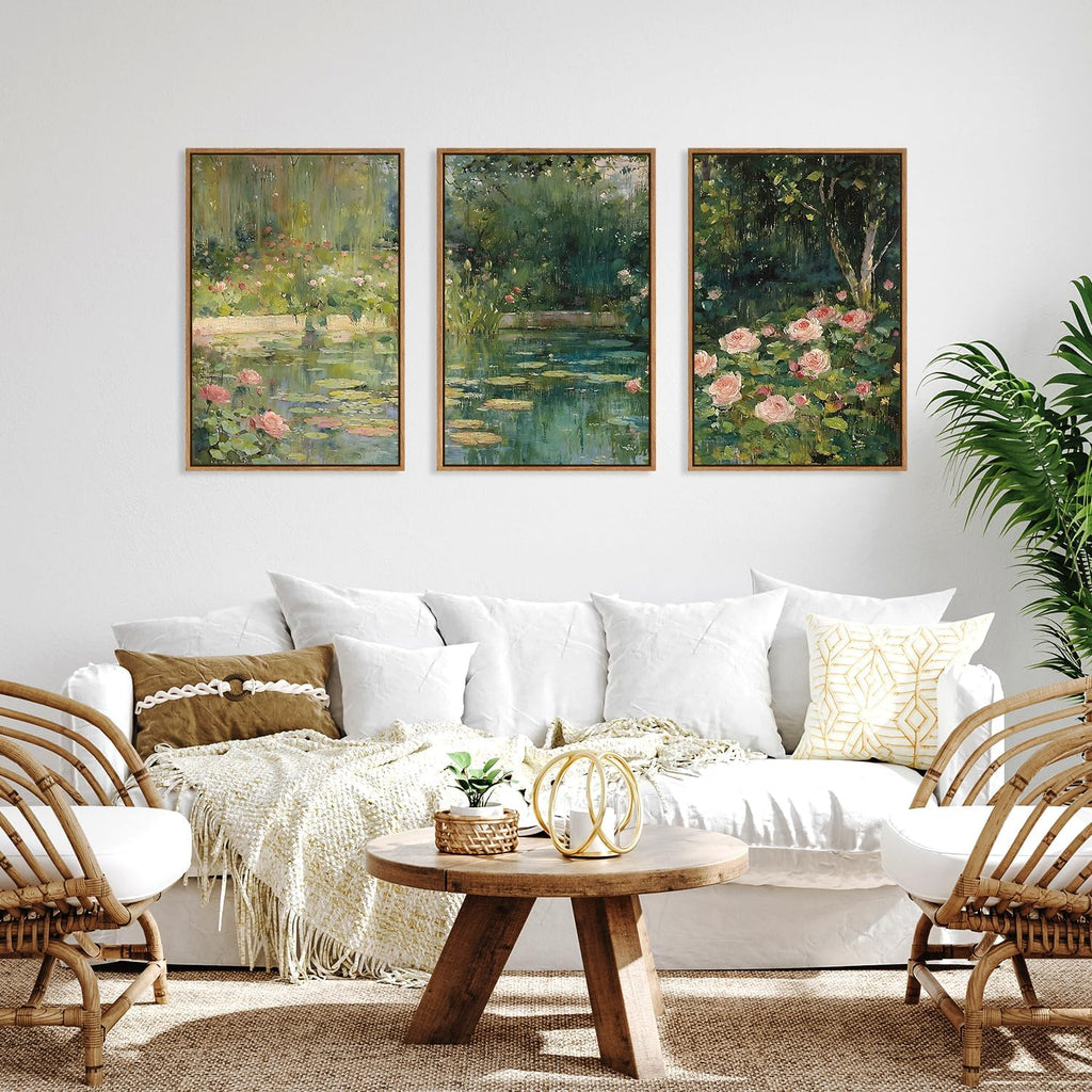 FWIEXA Monet Floral Framed Canvas Wall Art Set, Impressionist Botanical Garden Wall Decor, Vintage Ponds Tree Plant Artwork, Nature Landscape Prints for Living Room, Bedroom - Size 24'x36'x3