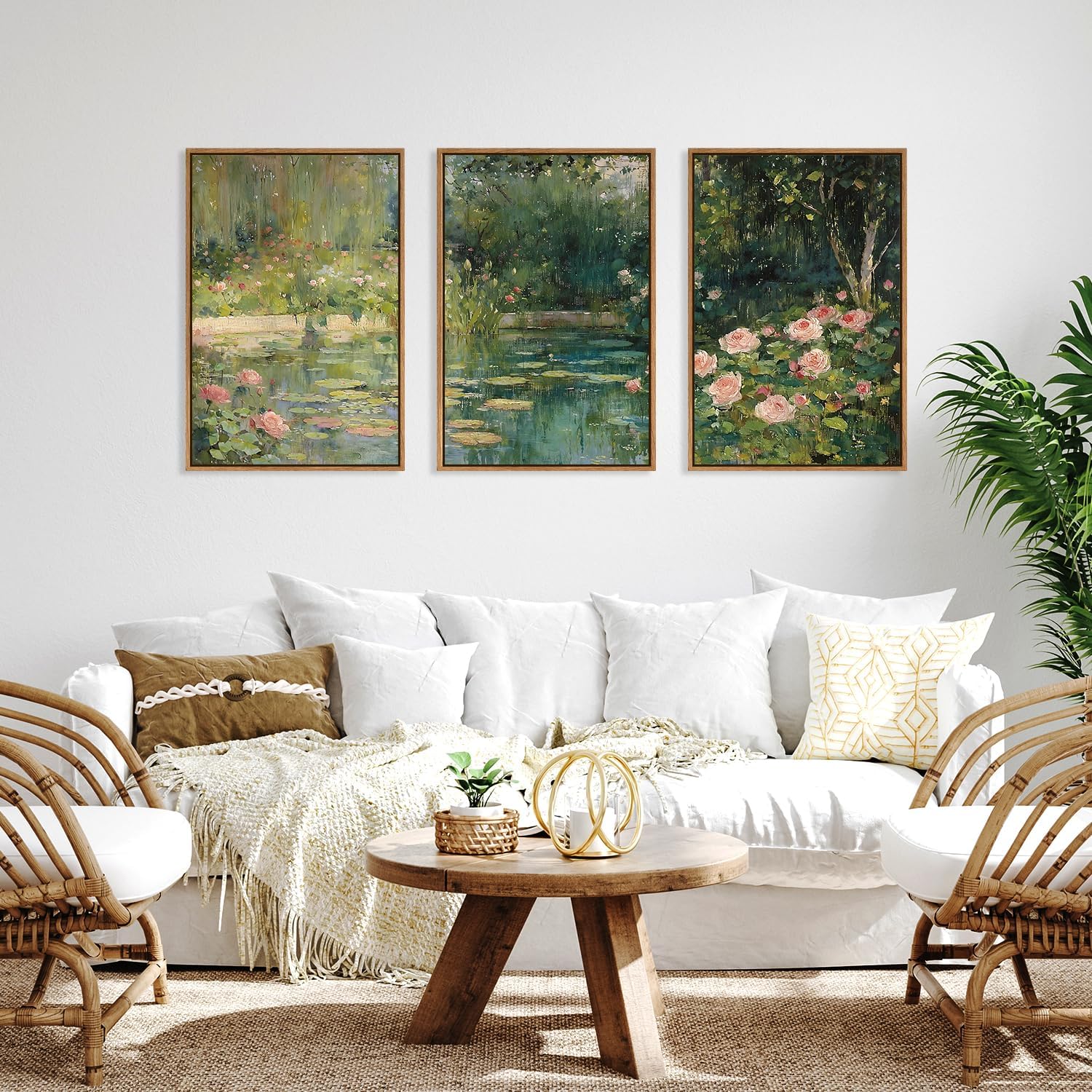 FWIEXA Monet Floral Framed Canvas Wall Art Set, Impressionist Botanical Garden Wall Decor, Vintage Ponds Tree Plant Artwork, Nature Landscape Prints for Living Room, Bedroom - Size 24'x36'x3