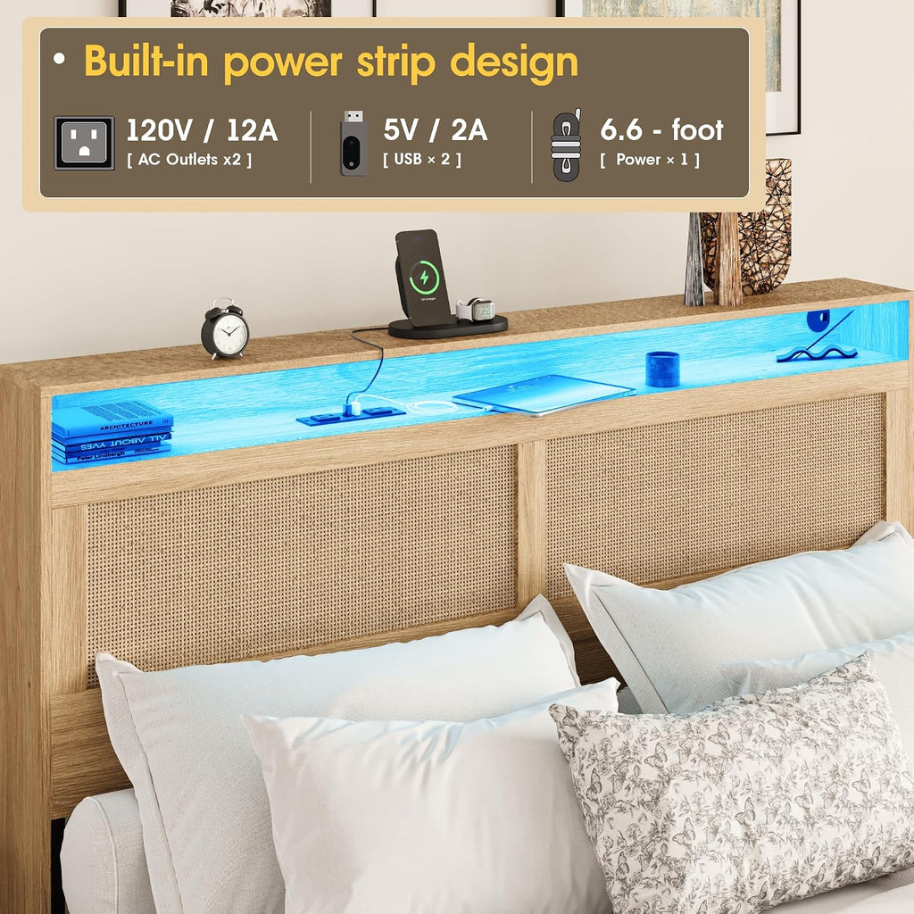 Fameill Full Bed Frame with LED Light and 4 Drawers, Rattan Hidden Storage Headboard, Charging Station, Metal Platform Boho Bed Frame No Box Spring Needed