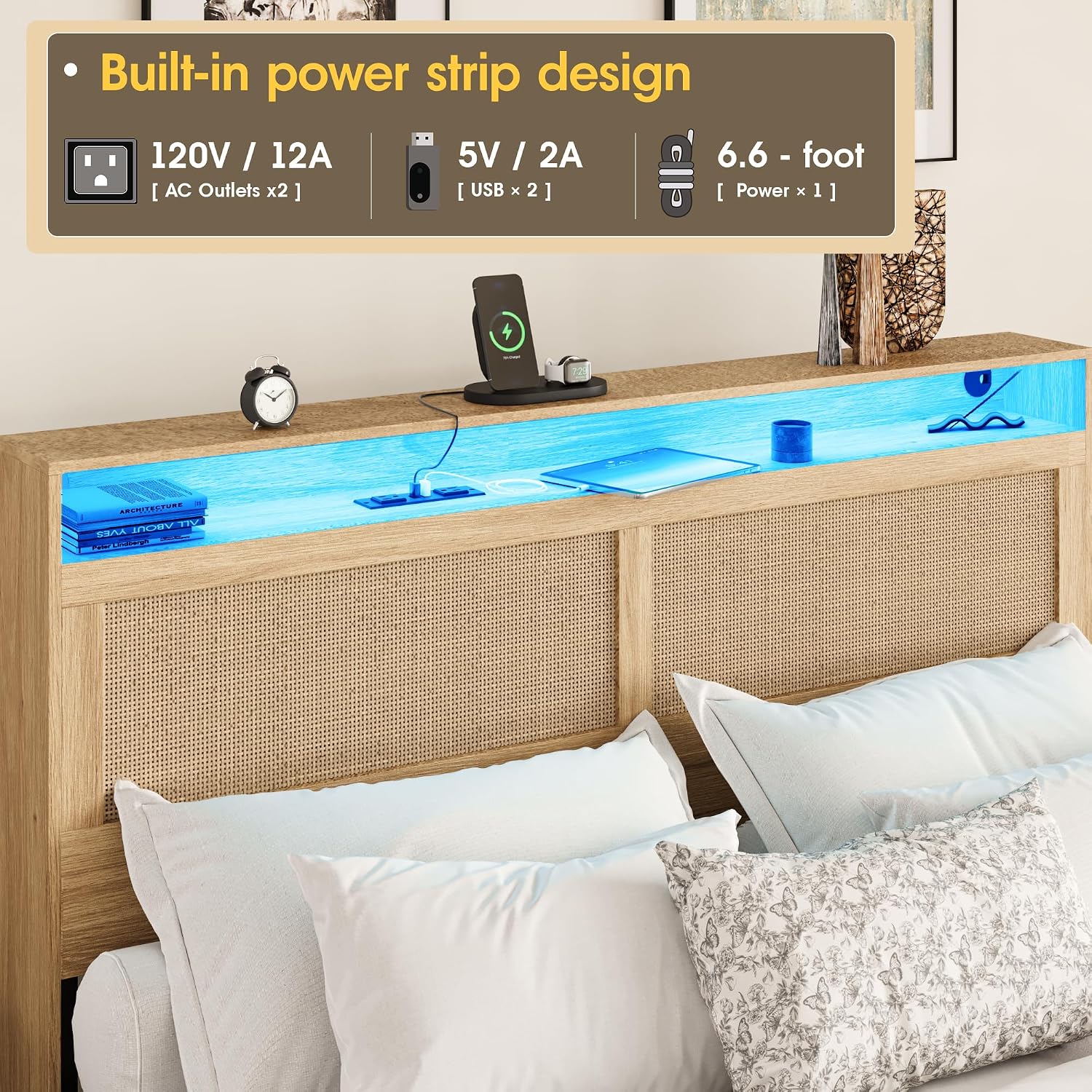 Fameill Full Bed Frame with LED Light and 4 Drawers, Rattan Hidden Storage Headboard, Charging Station, Metal Platform Boho Bed Frame No Box Spring Needed