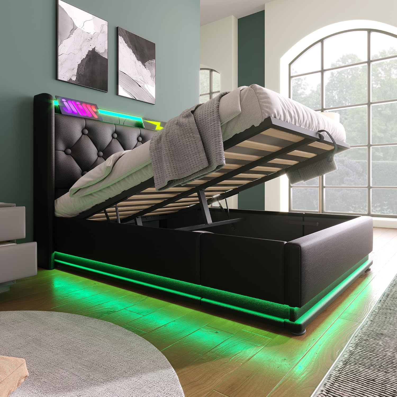 Twin Size Upholstered Bed Frame with 360° LED Lights, Hydraulic Storage, USB Charging, Modern Platform Bed with Headboard, Remote App Control for Teen, Guest Room, Small Space (Black + Twin)