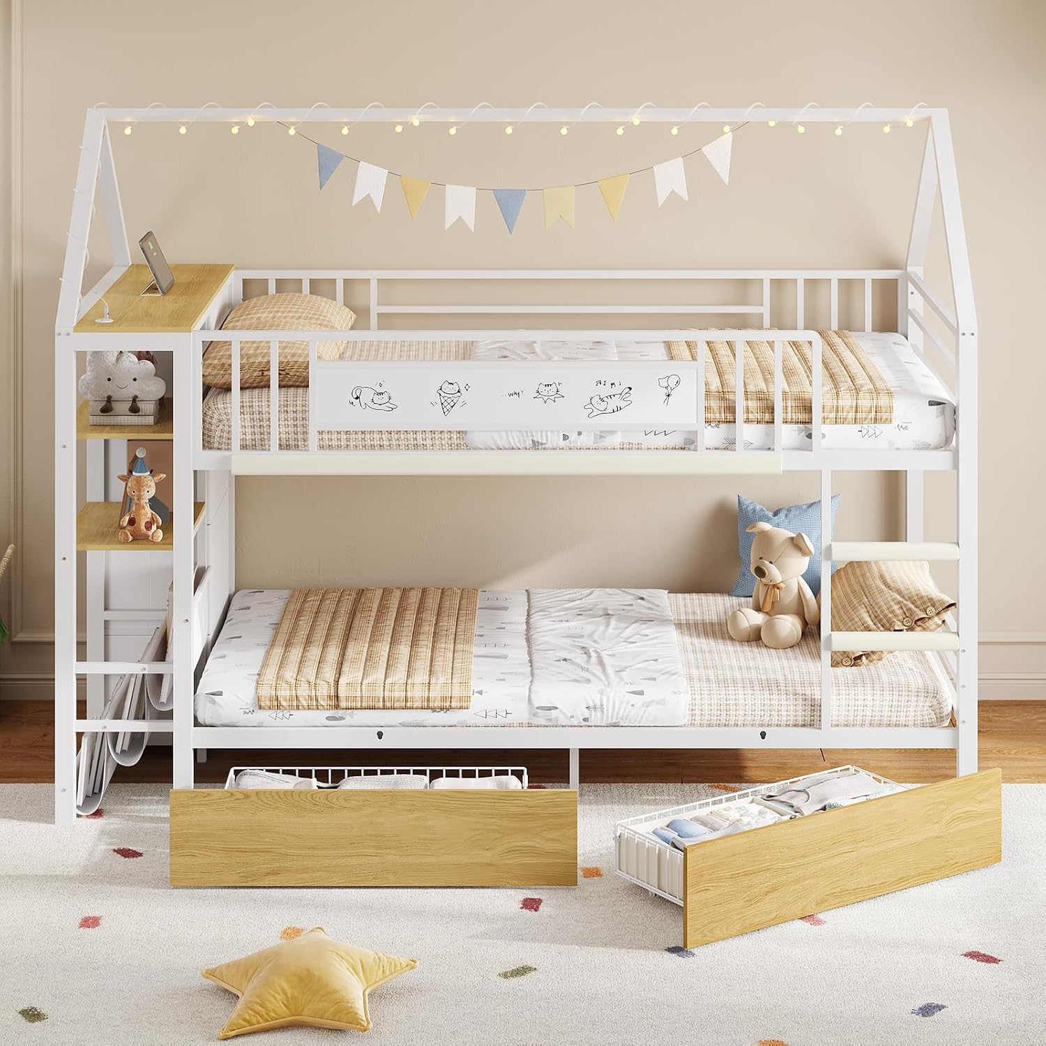 Twin Bunk Bed for Kids with 6 Storage Drawers, Montessori Bookshelf, House Shaped Bed with Globe String Lights and USB Ports, Metal Low Bunk Bed Twin Over Twin with Safety Guardrail and Ladder, White
