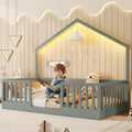 Twin Montessori Floor Bed with High Rails, Wooden Montessori House Bed Twin with Light & Slats, Low Profile Beds for Kids Girls Boys, Gray