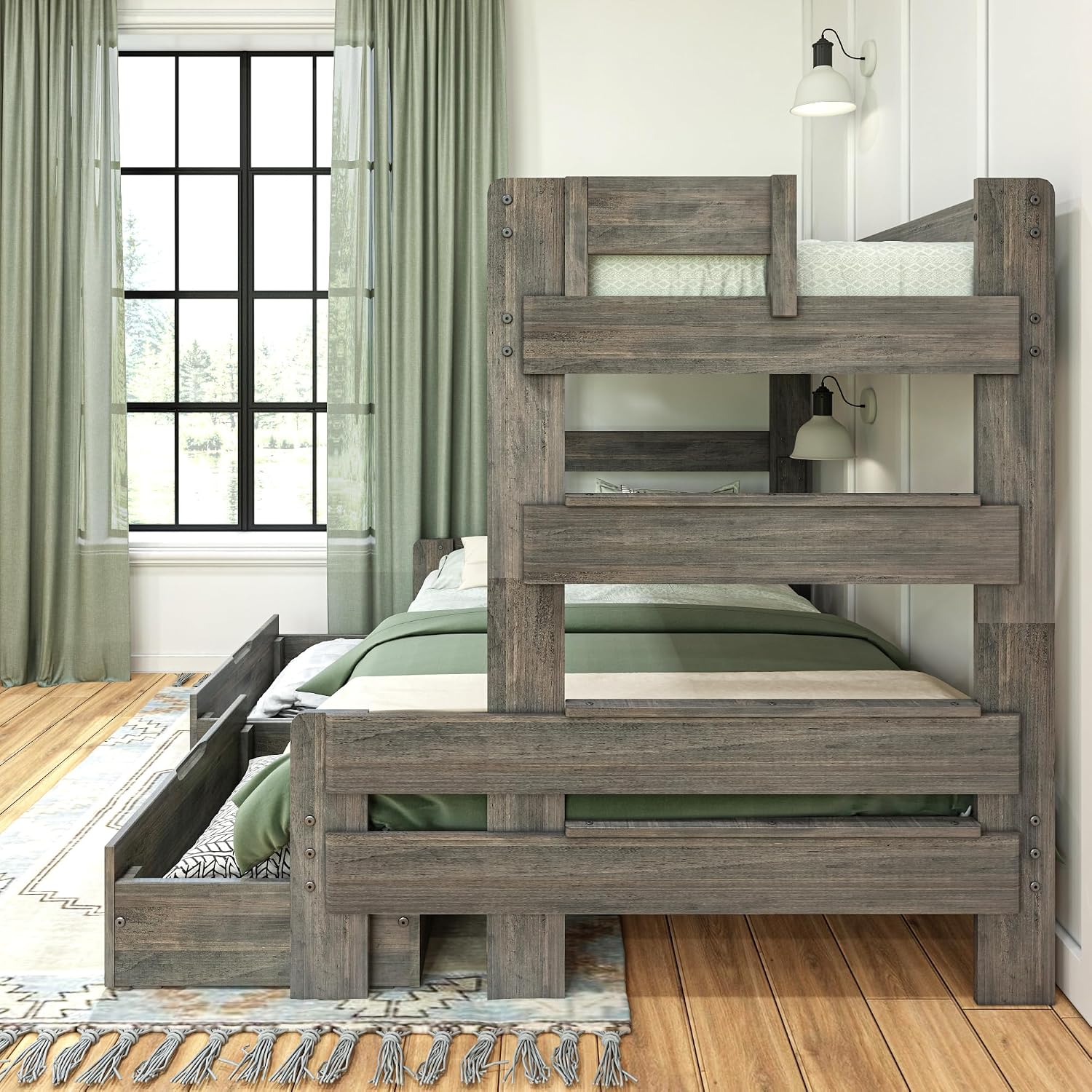 Max & Lily Modern Farmhouse Twin/Full Bunk Bed with Storage Drawers, Driftwood