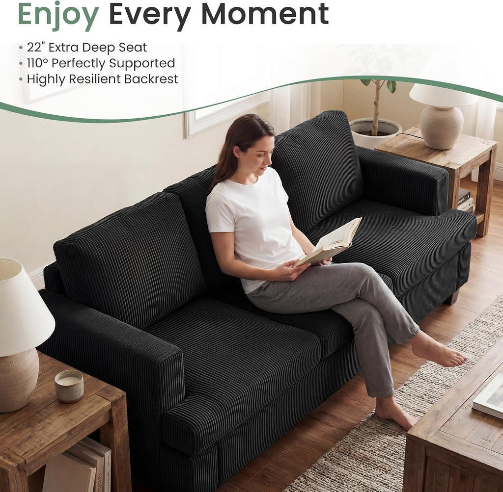 Fiona's magic 4 Seats Couch Set, 2 Piece Set Comfy Sofa, Loveseat Sofa*2 with Deep Seats for Living Room, Modern Sleeper Couch, Black Corduroy