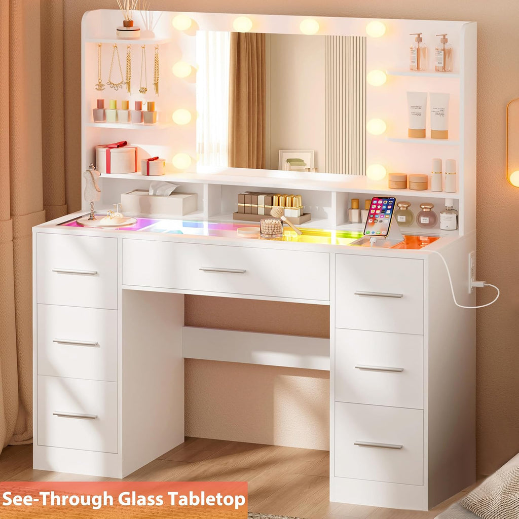ERLEJIA Vanity Desk with Mirror and Lights, Large Glasstop Makeup Vanity Desk with 7 Drawers and Power Outlet, 6 Open Shelves, White