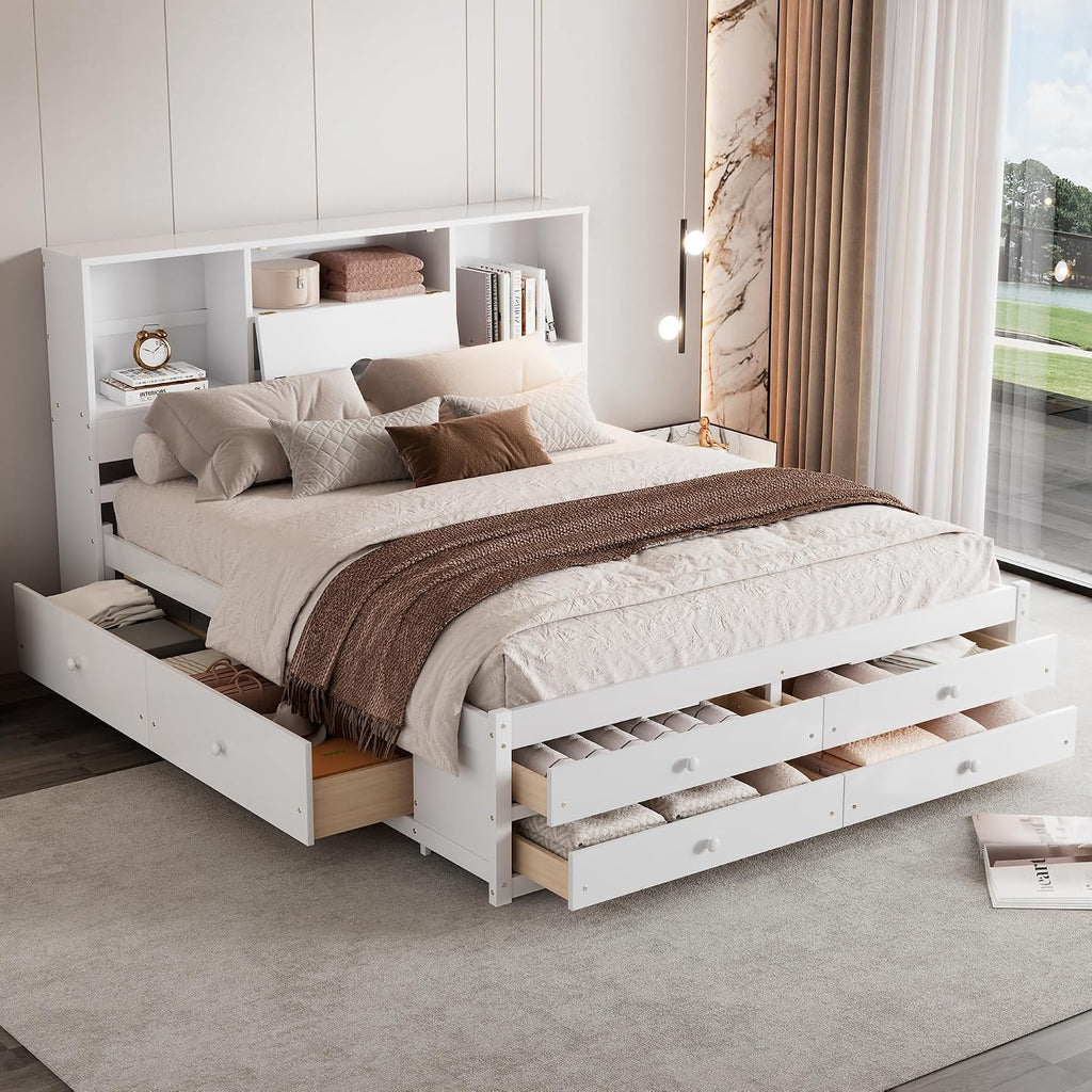 Queen Size Wood Platform Bed with 8 Storage Drawers and Bookcase Headboard for Bedroom (White, Queen)
