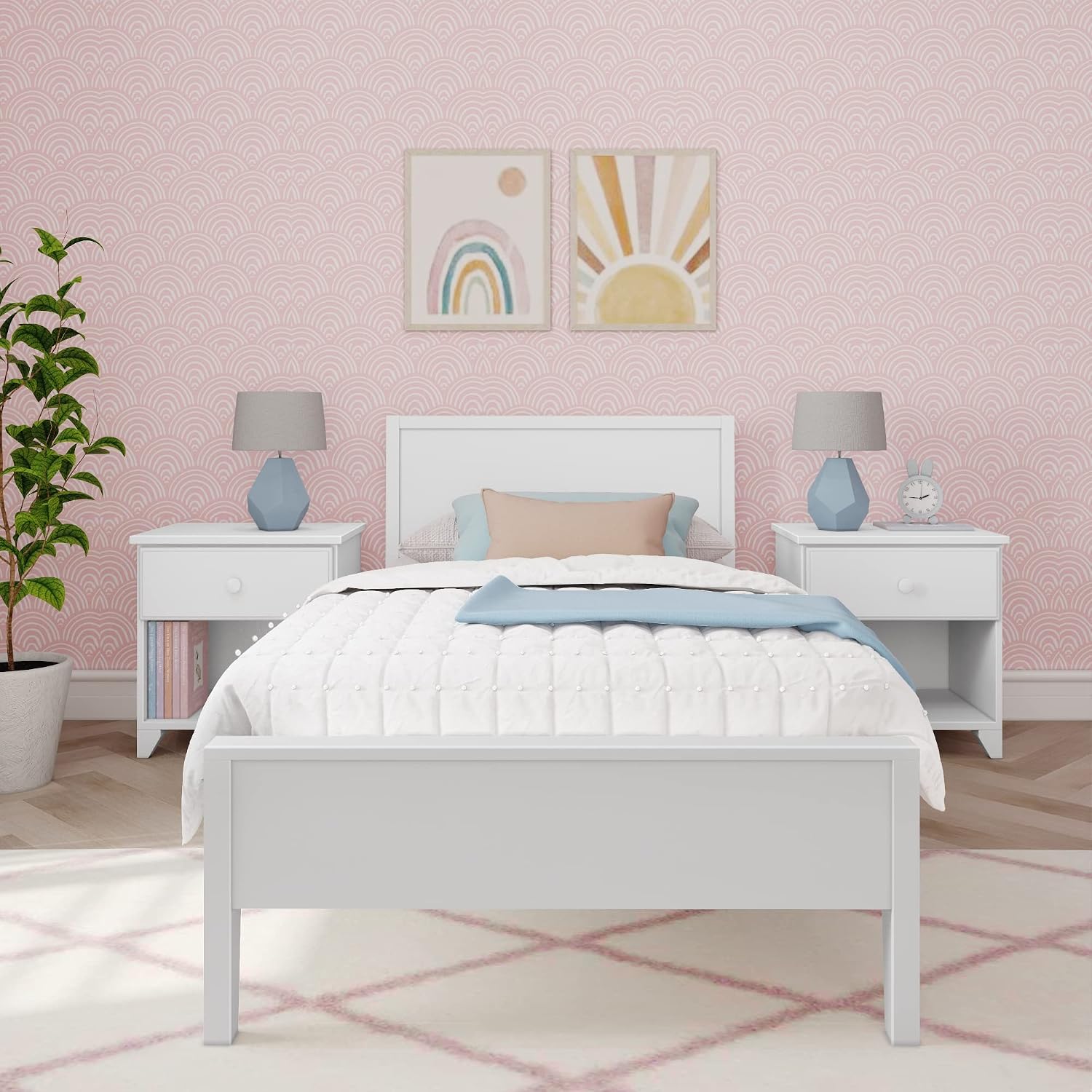 Max & Lily Twin Bed Frame with Panel Headboard, Solid Wood, White