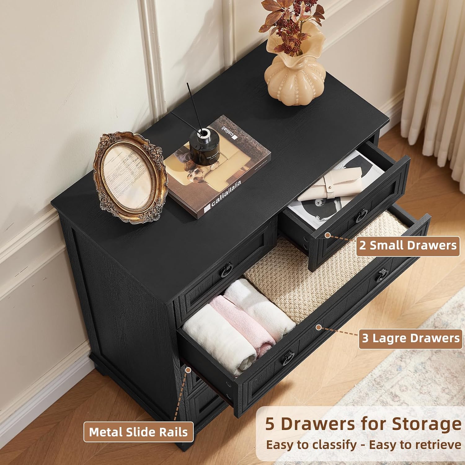 Joaxswe Farmhouse 5 Drawer Dresser for Bedroom Set of 2, 33.2' Tall Small Dressers & Chest of Drawers, Rustic Wood Dresser with Metal Handle, Storage Organizer Closet for Living Room, Hallway,Entryway