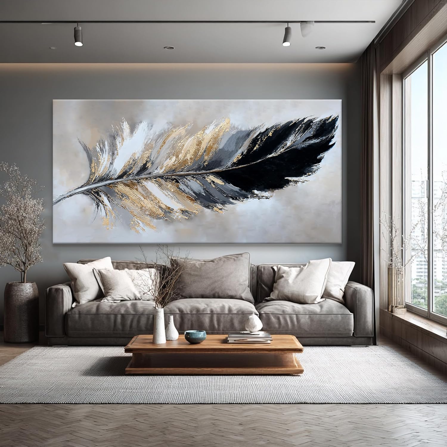 YISXINOAG Modern Abstract Wall Art Canvas Art Wall Decor Black and Gold Large Wall Art for Living Room Modern Home Decorations Abstract Art Prints Minimalist Feather Home Artwork Size 39'X78'