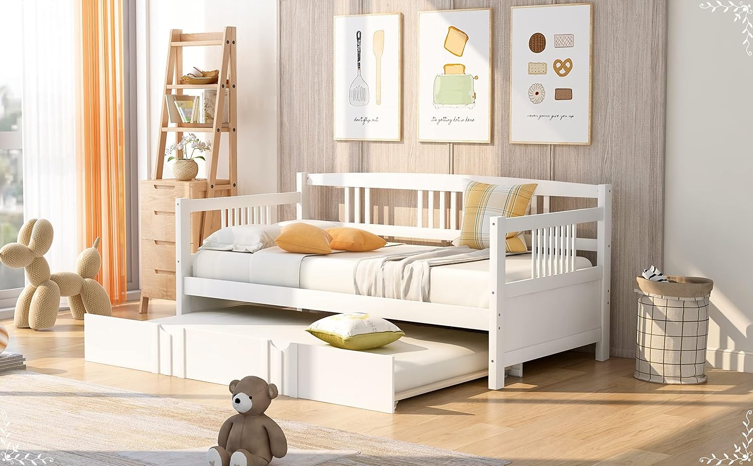 Twin Metal Platform Bed Frame, White Bed Set Solid Wood Bohemian Sofa Bed with Slats Daybed with Trundle for Teen Adult Bedroom Living Room