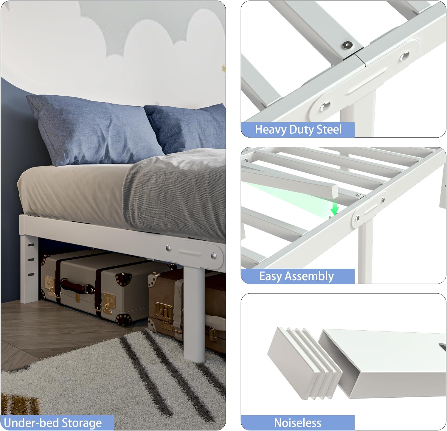 White Full Size Bed Frame 14 Inch, Metal Full Bed Frame No Box Spring Needed, Heavy Duty Steel Support 3500 LBS, DIY Headboard, Noiseless, Round Corner Legs, Storage Space, Easy Assembly