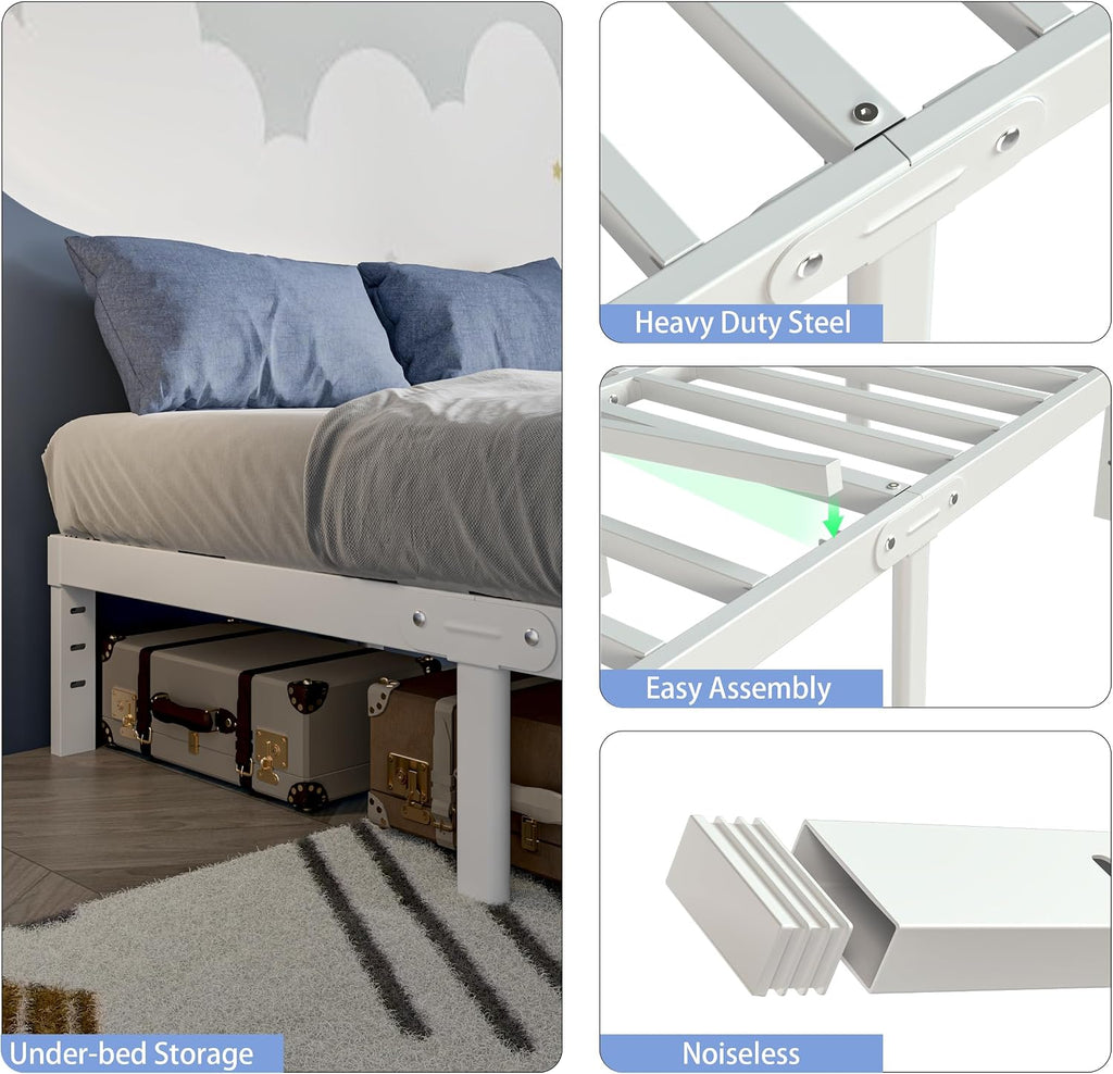 White King Size Bed Frame 14 Inch, Metal Camas King Bed Frame No Box Spring Needed, Heavy Duty Steel Support 3500 LBS, DIY Headboard, Noiseless, Round Corner Legs, Storage Space, Easy Assembly