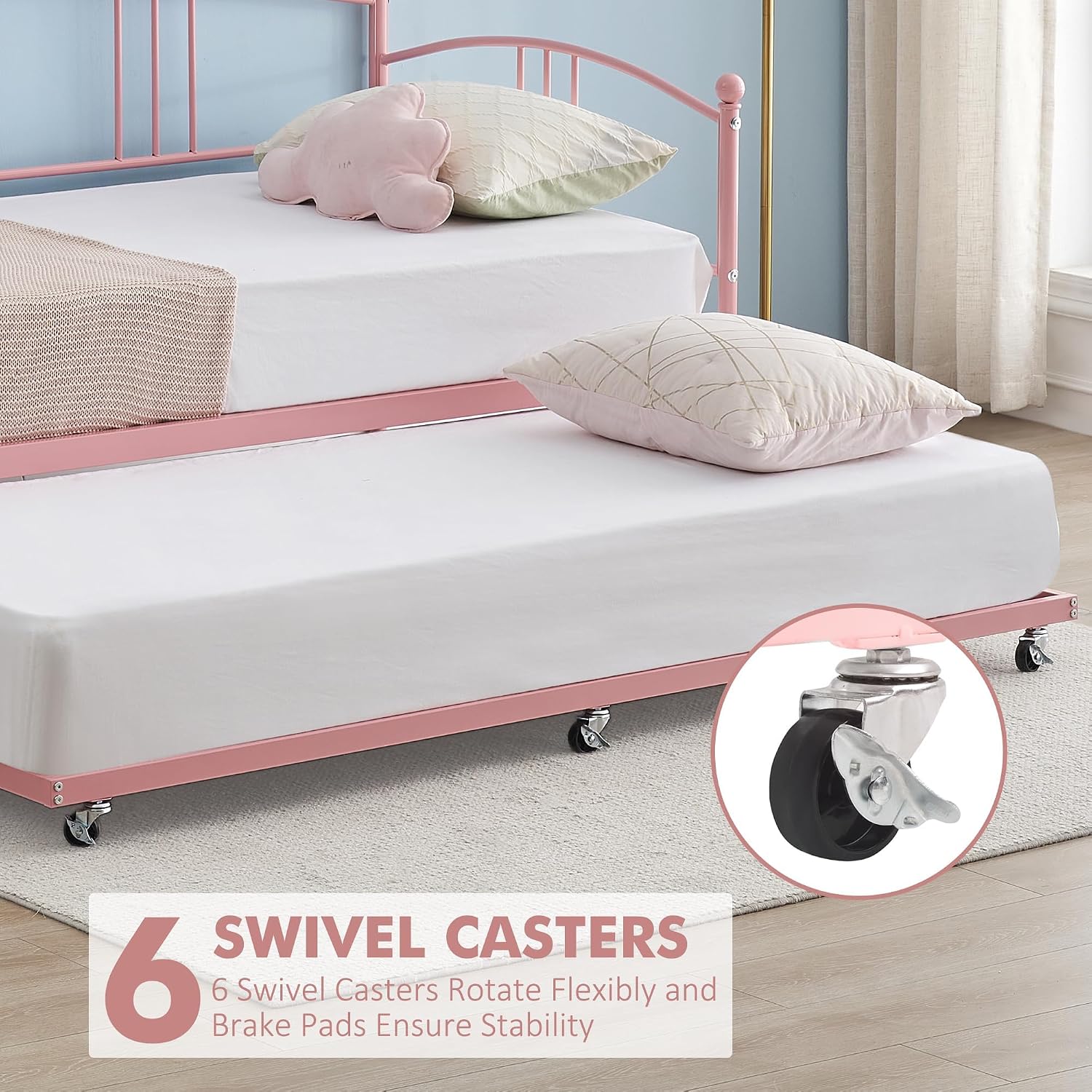GarveeHome Daybed with Trundle, Sturdy Metal Day Bed with Steel Slat Support, Trundle Bed Twin with Arched Headboard, SofaBed for Living Room, Bedroom and Guest Room, Pink