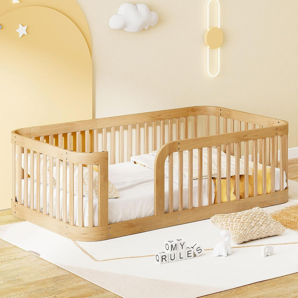 JIVOIT Twin Size Floor Bed Frame with Fence, Wood Montessori Floor Bed with Safety Guardrail, Easy Assembly (Natural/124)