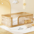 JIVOIT Twin Size Floor Bed Frame with Fence, Wood Montessori Floor Bed with Safety Guardrail, Easy Assembly (Natural/124)