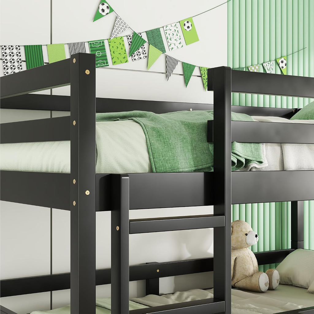 Triple Bunk Bed, Detachable Triple Twin Bunk Bed, 3 Rubber Wood Bunk Bed with Two Built-in Ladders, Guardrails, Twin Over Twin Over Twin for Kids, Black