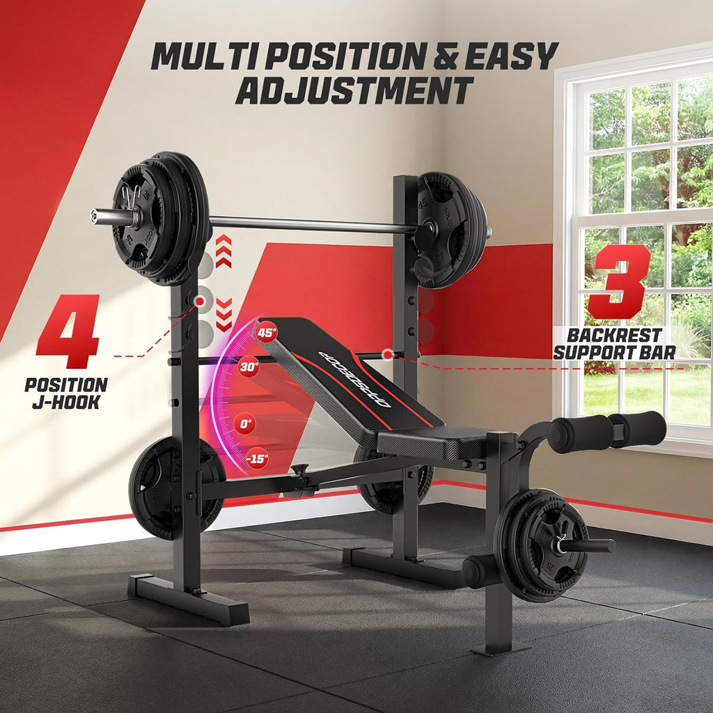 OPPSDECOR Weight Bench Set, Multi-Function Adjustable Bench Press with Squat Rack Leg Extension & Leg Curl Workout Bench Foldable Workout Bench Flat/Incline/Decline Upgrade Weight Benches for Home Gym