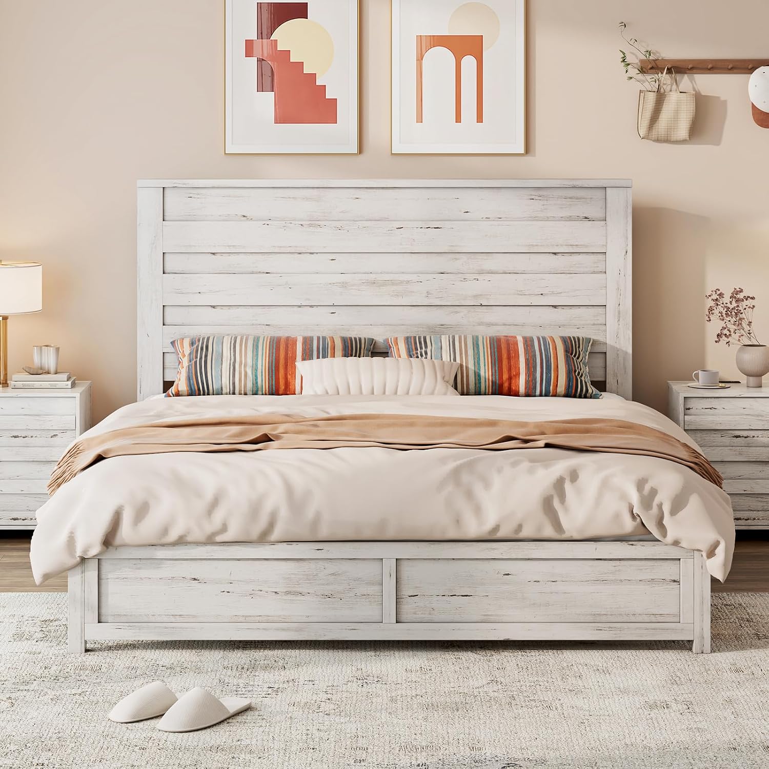 LUXOAK Farmhouse Full Bed Frame with 49' Tall Headboard, Wooden Platform Bed with Hidden Metal Bed Frame, No Box Spring Needed/Noise Free, Distressed White