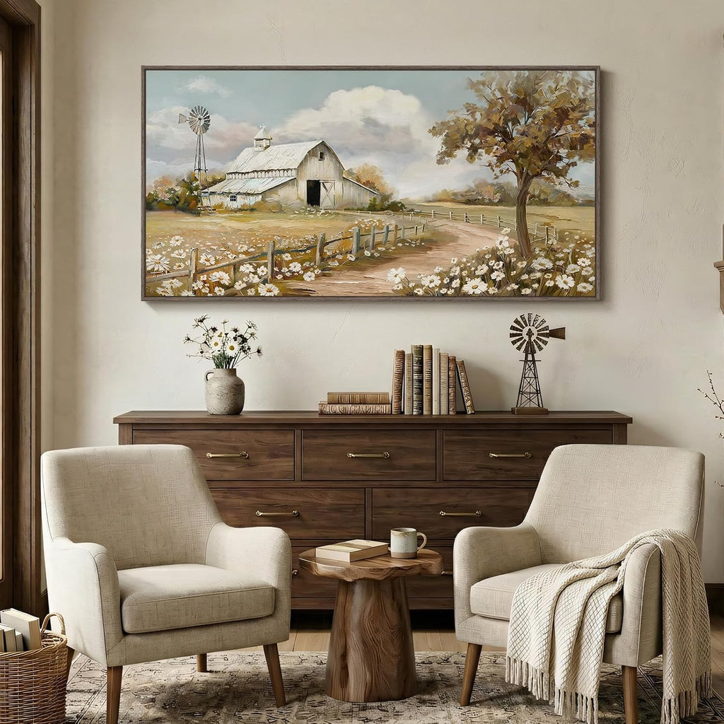 Large Framed Farmhouse Wall Art for Living Room, Vintage Rustic White Barn Canvas Prints, Country Floral Landscape Wall Decor for Bedroom Dining Room Hallway 30x60 Inch