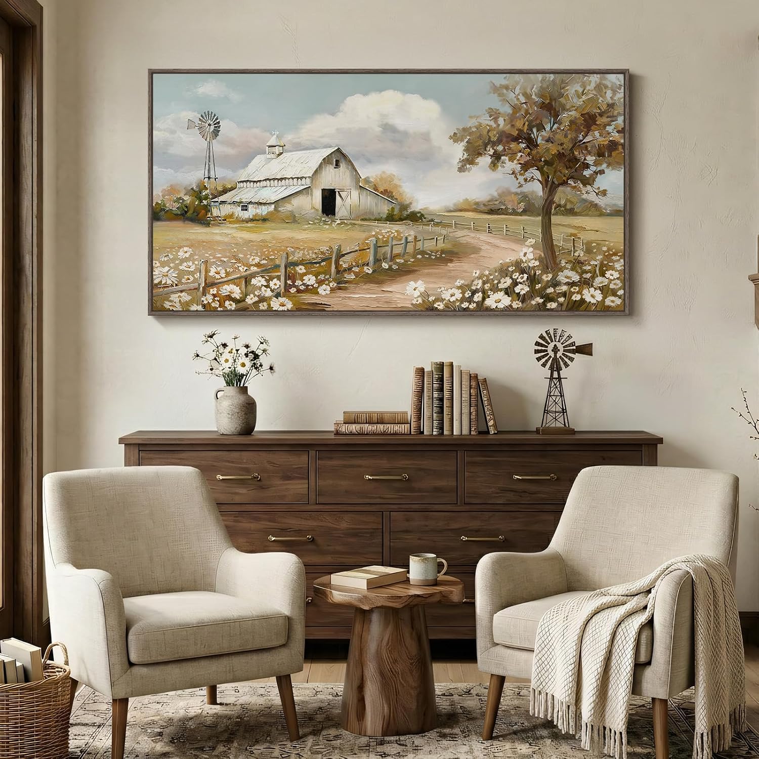 Large Framed Farmhouse Wall Art for Living Room, Vintage Rustic White Barn Canvas Prints, Country Floral Landscape Wall Decor for Bedroom Dining Room Hallway 30x60 Inch