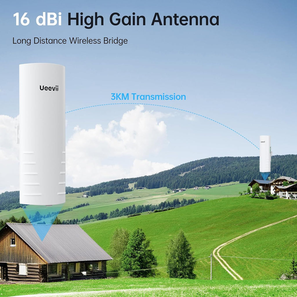 Wireless Bridge for Easy Network Expansion,5.8G Point to Point Extending Wi-Fi to Outbuildings,Outdoor Wi-Fi Network Bridge W/ 1000Mbps RJ45Port and 16dBi Antenna,PoE Powered, IP65 Waterproof, 2-Pack