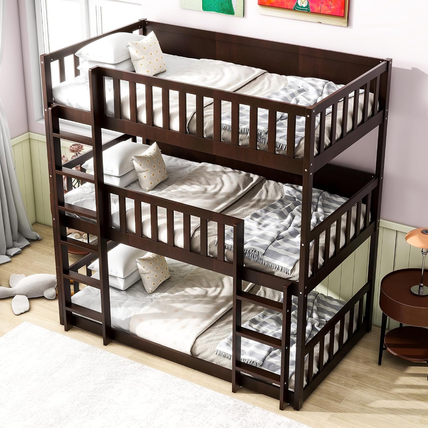 Twin Size Triple Rubber Wood Bunk Bed, Detachable Bunk Bed with Ladders, Guardrails, Twin Over Twin Over Twin for Kids, Espresso