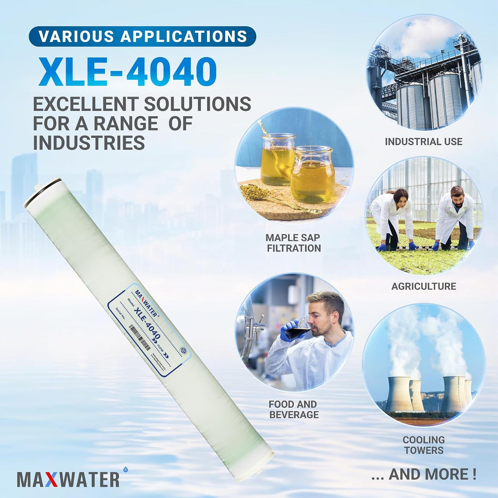 Max Water XLE-4040 Reverse Osmosis 4' x 40' RO Membrane, 2600 GPD | XLE 4040 For Water Purification Desalination Commercial, Industrial, Agricultural, Salt Rejection 99%