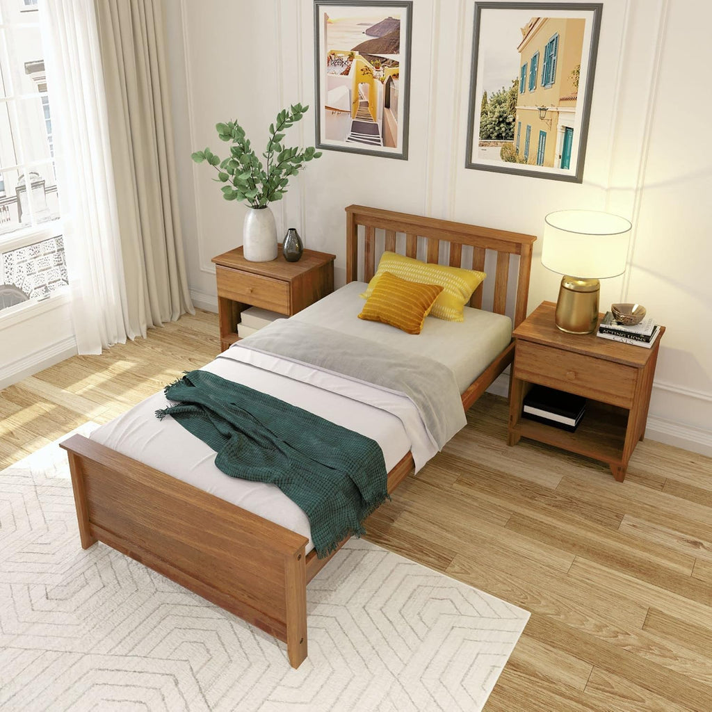 Plank+Beam Solid Wood Twin Bed Frame, Platform Bed with Headboard, Pecan