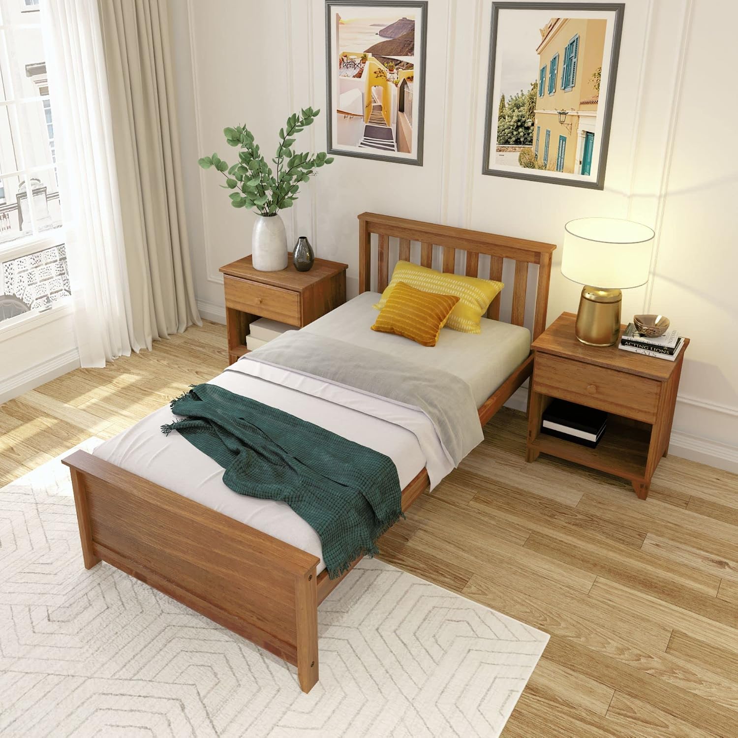 Plank+Beam Solid Wood Twin Bed Frame, Platform Bed with Headboard, Pecan
