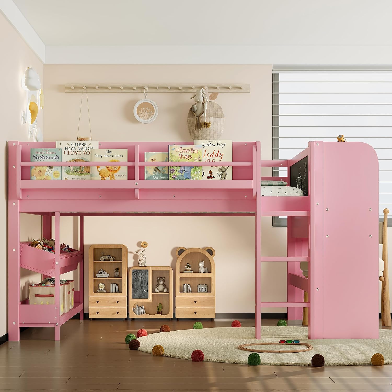 MERITLINE Full Loft Bed with Desk & Blackboard, Twin Multi-Functional Bed with Storage, All-in-One Study & Play Design, Pink