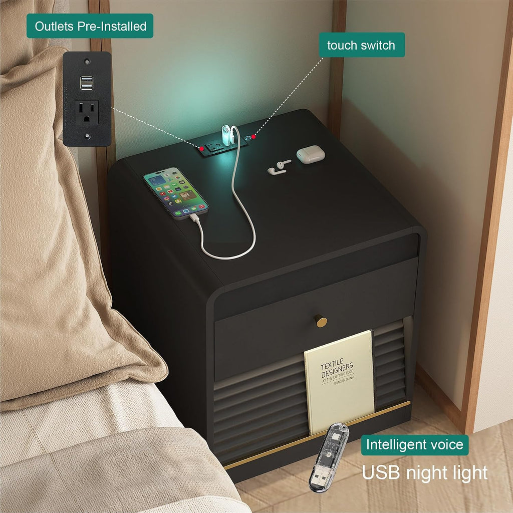 Smart Nightstand with Charging Station – Bedside Table with Voice-Controlled LED Night Light, 1 AC Outlet + 2 USB Ports, Ample Storage Cabinet for Bedroom(Black)