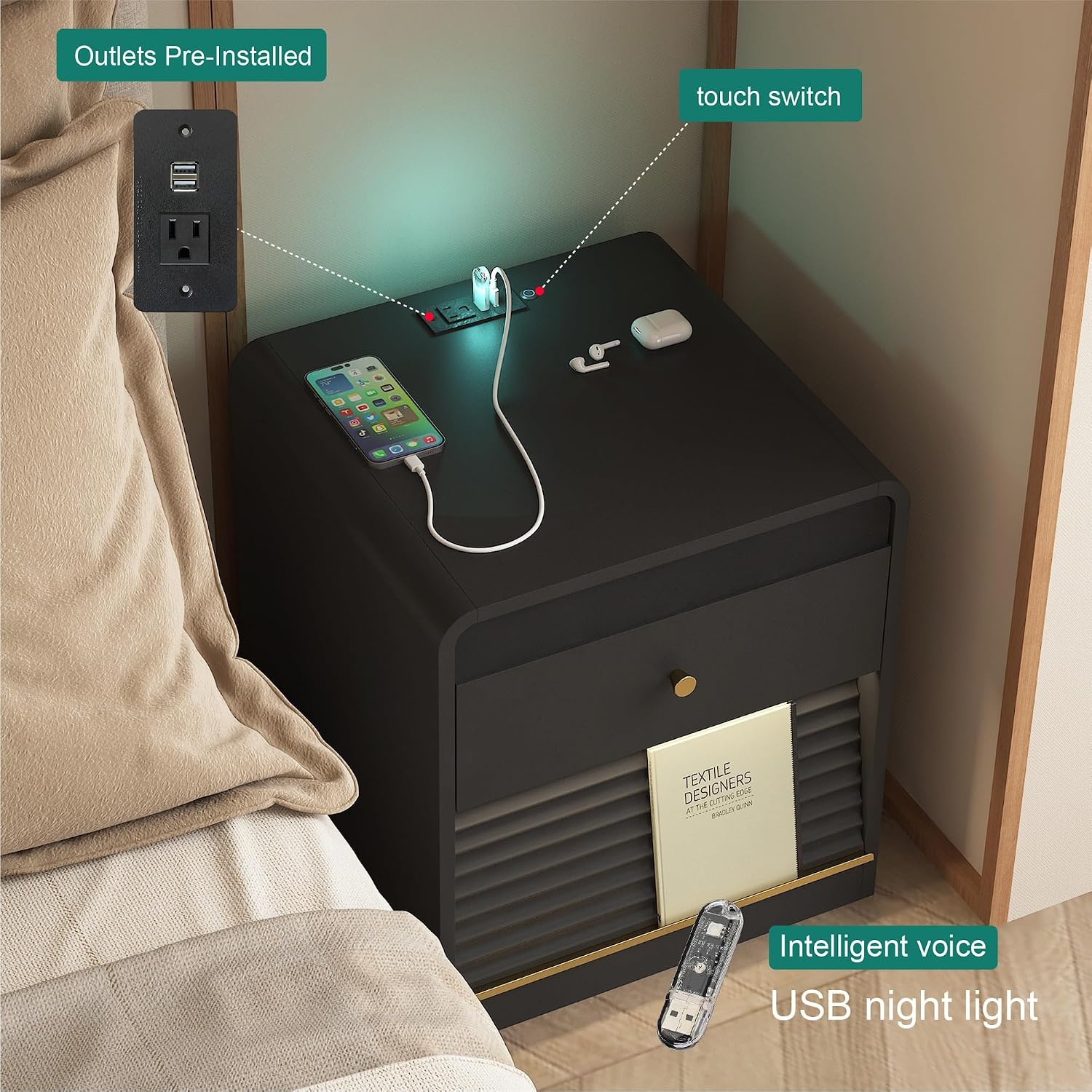 Smart Nightstand with Charging Station – Bedside Table with Voice-Controlled LED Night Light, 1 AC Outlet + 2 USB Ports, Ample Storage Cabinet for Bedroom(Black)