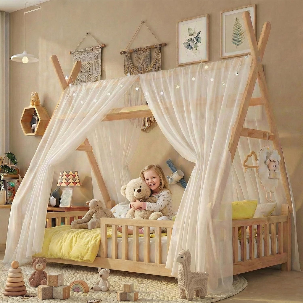 Twin Montessori Kids Floor Bed with Rails and LED Light, Low Twin Beds Frame with Fence and Removable Roof, Wood Montessori Floor Bed Frame for Kids, Girls, Boys, Natural