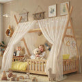Twin Montessori Kids Floor Bed with Rails and LED Light, Low Twin Beds Frame with Fence and Removable Roof, Wood Montessori Floor Bed Frame for Kids, Girls, Boys, Natural