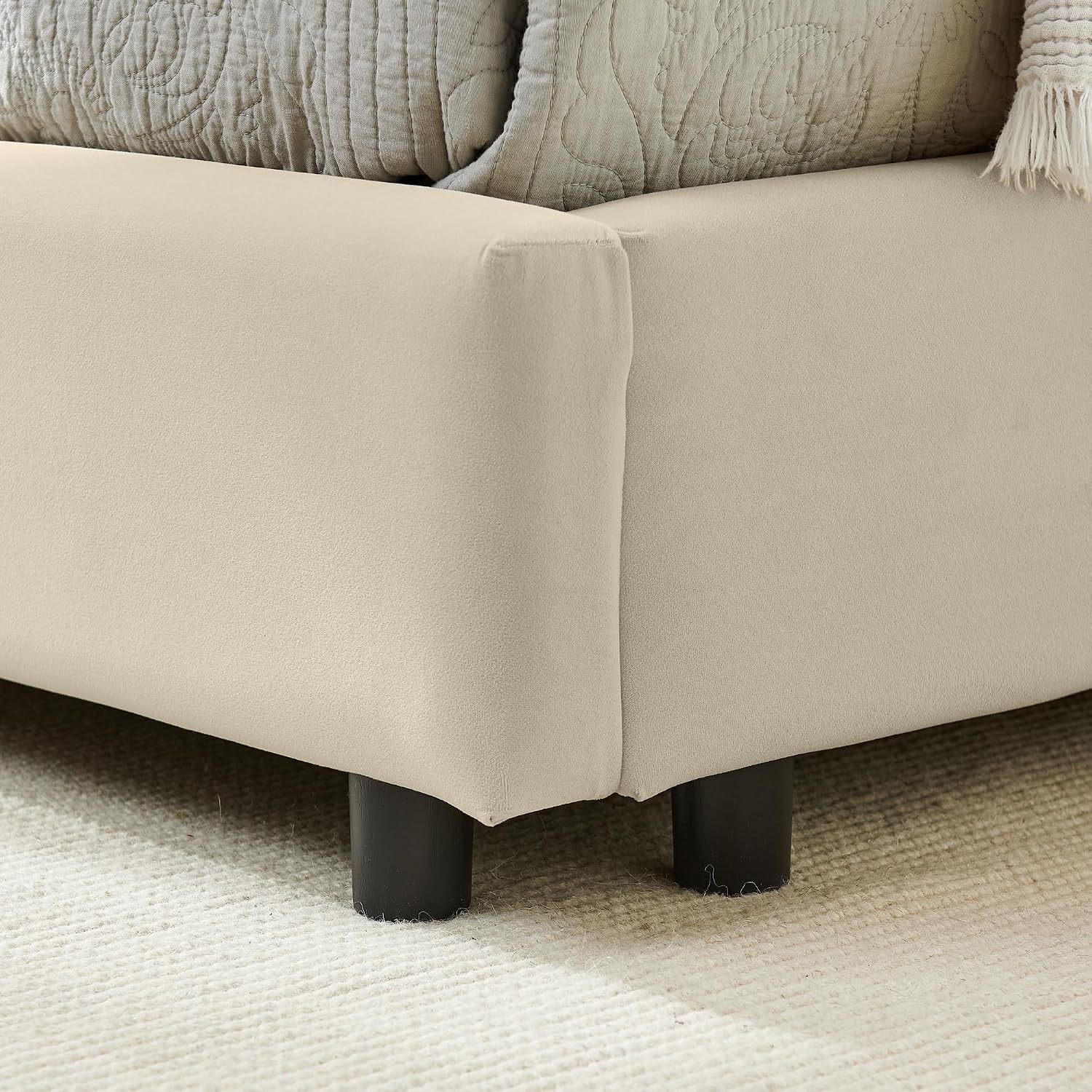 JIJIWANG Full Size L-Shape Corner Bed Frame, Velvet Upholstered Tufted Daybed with Comfortable Backrest and Armrests for Bedroom, Living Room,Beige