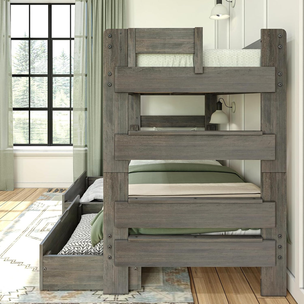 Max & Lily Modern Farmhouse Twin/Twin Bunk Bed with Storage Drawers, Driftwood