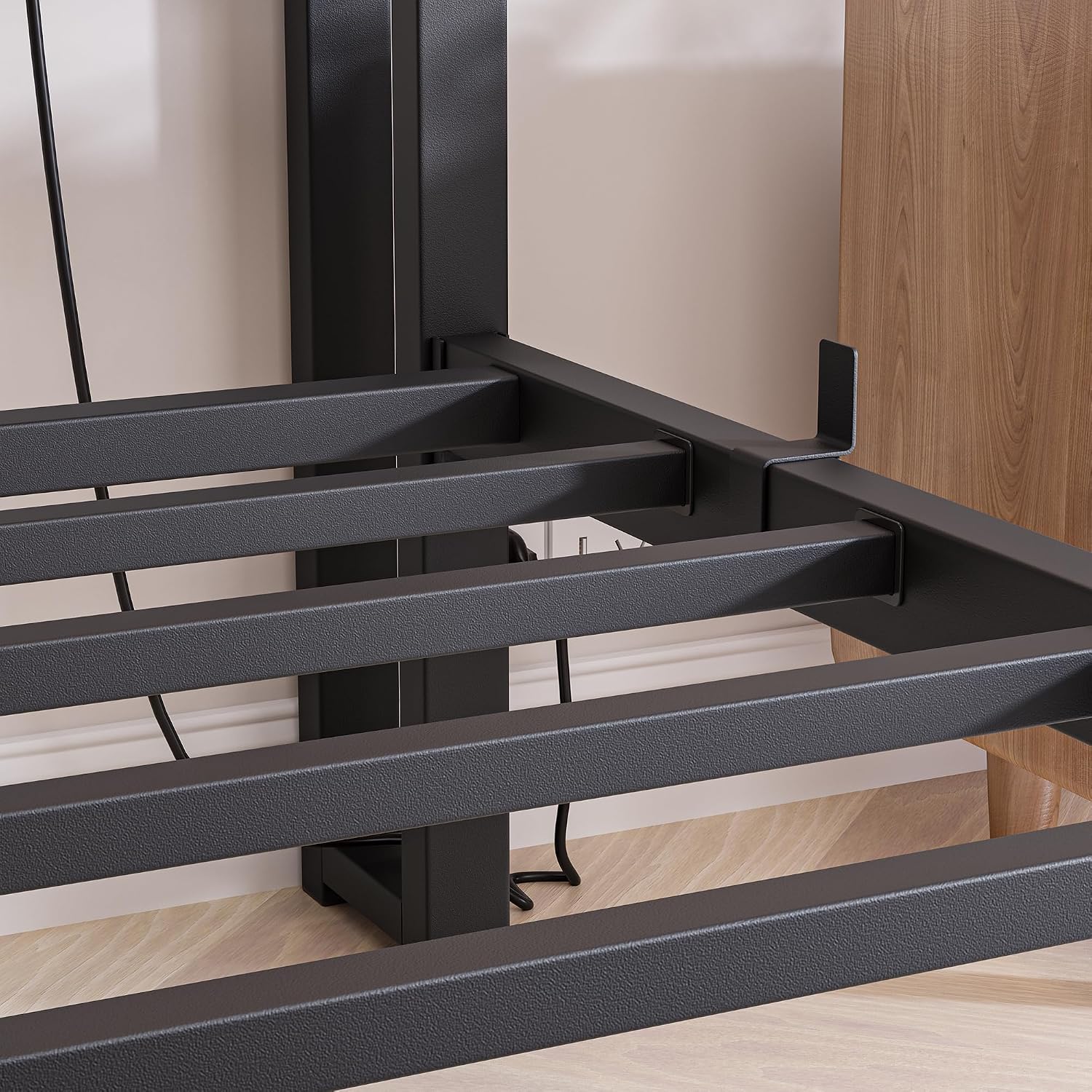 Full Size Bed Frame with Headboard,LED Light and Charging Station with Wood Shelves,Metal Platform Bed with Heavy Duty Slats Support,No Box Spring Needed,Easy Assembly,Noise Free,Black