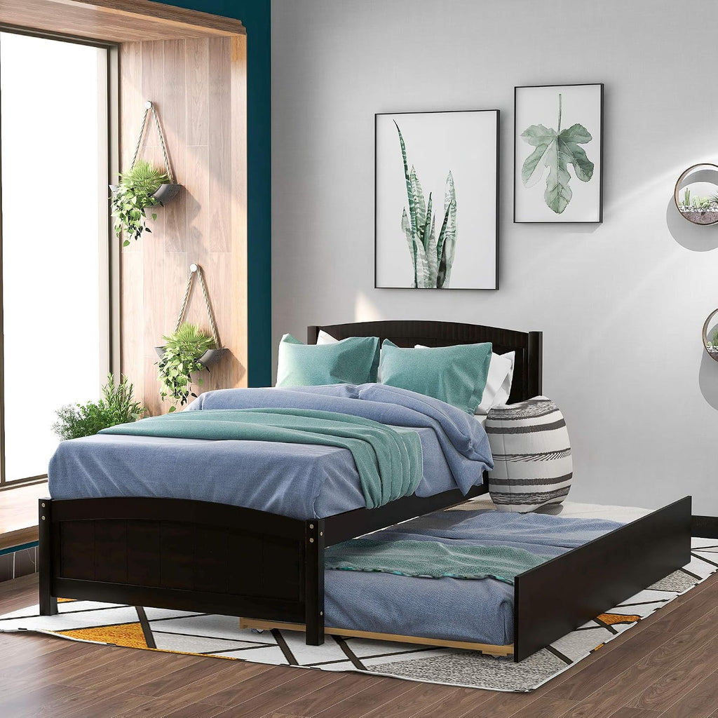 Modern Solid Wood Platform Bed with Trundle Classic Bed Frame with Headboard, No Box Spring Needed Space Saving, Twin Espresso