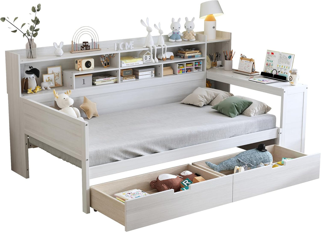 Mirightone Corner Twin Bed Frame with Bookcase Storage and Desk, Wood Day Beds with 2 Drawers, Twin Size Daybed with Storage for Living Room,Bedroom & Guest Room, White