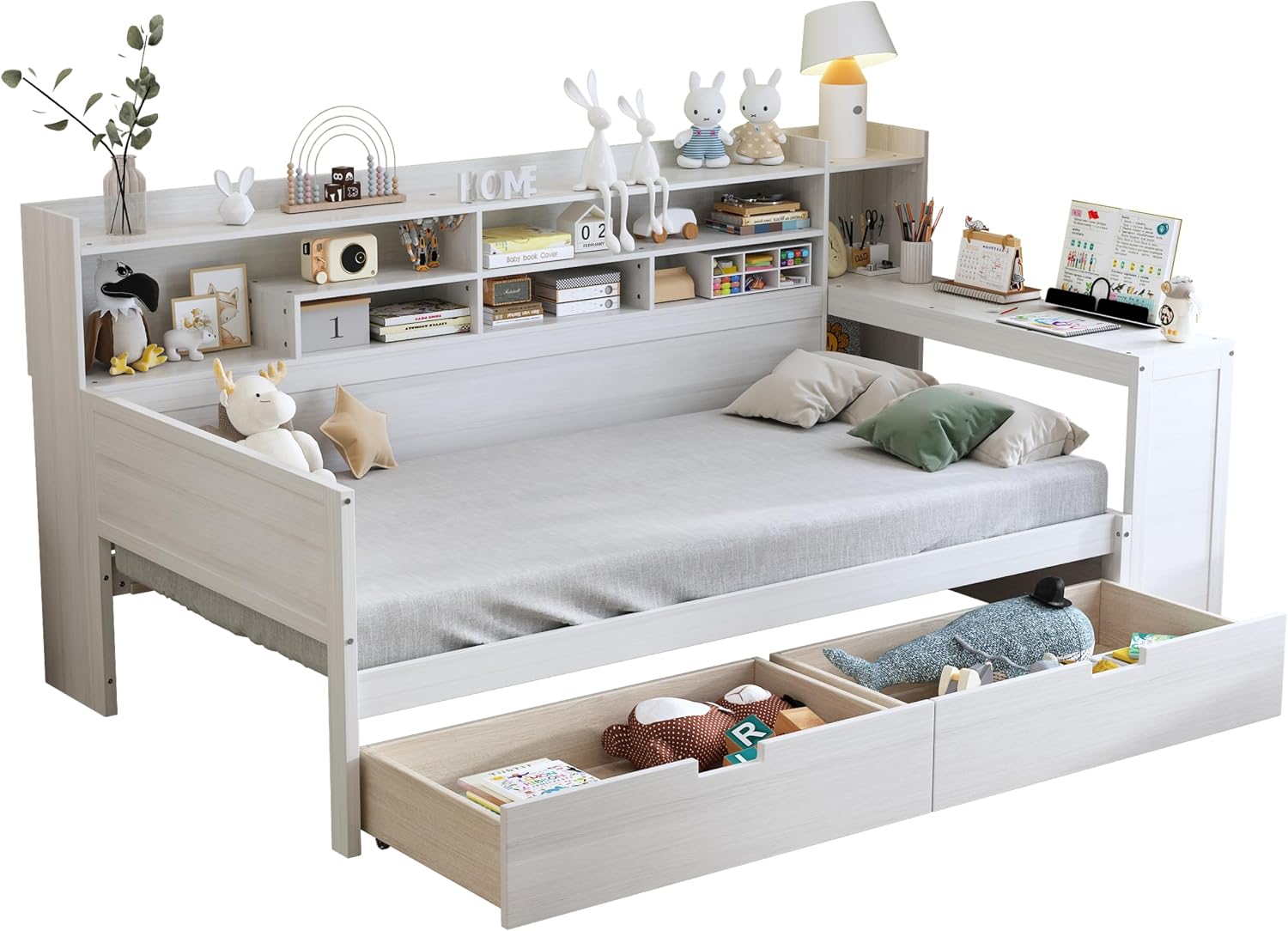 Mirightone Corner Twin Bed Frame with Bookcase Storage and Desk, Wood Day Beds with 2 Drawers, Twin Size Daybed with Storage for Living Room,Bedroom & Guest Room, White