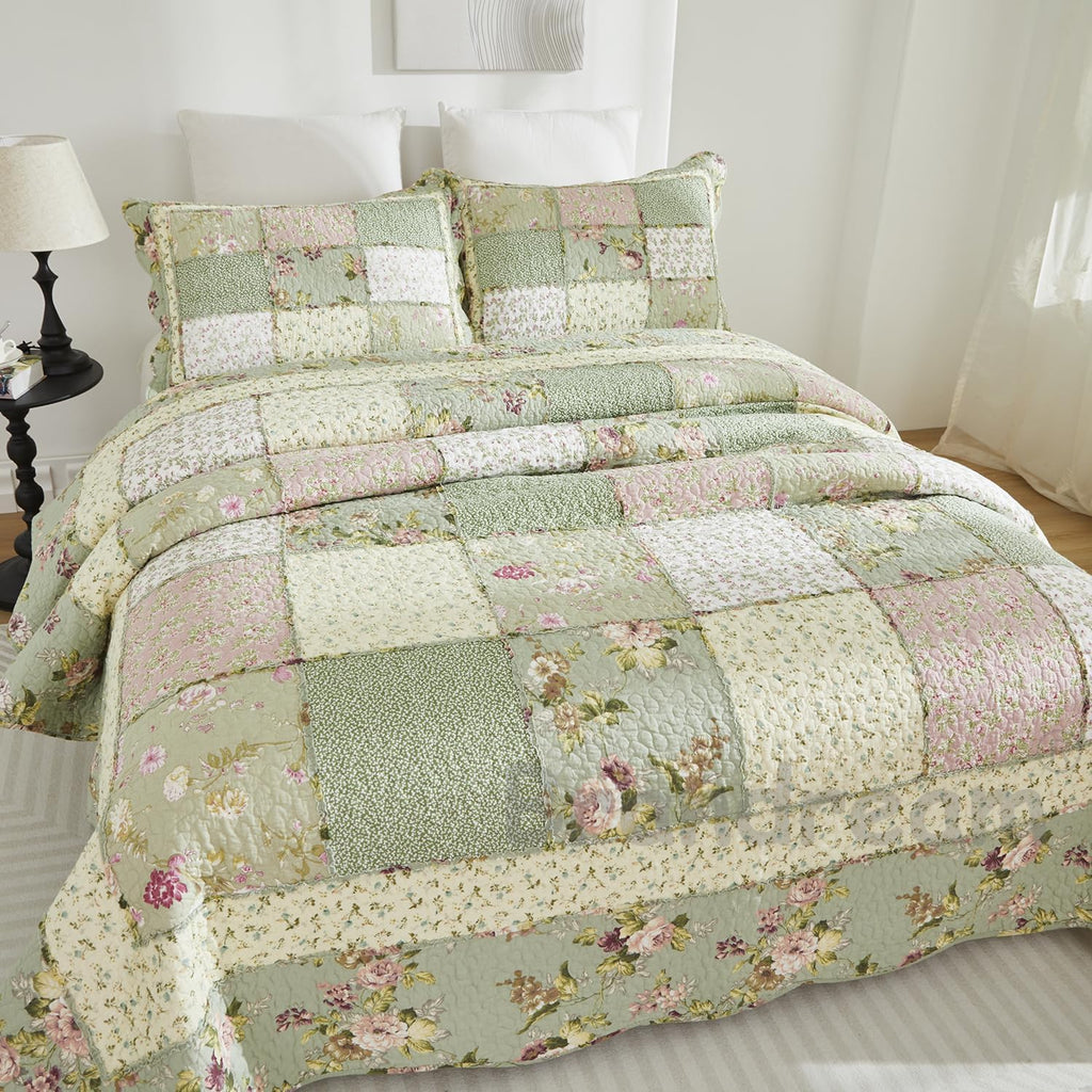 Brandream Patchwork Quilts Queen Size Cotton Green Rose Floral Quilted Comforter Set Country Rustic Coverlet Set 3-Piece