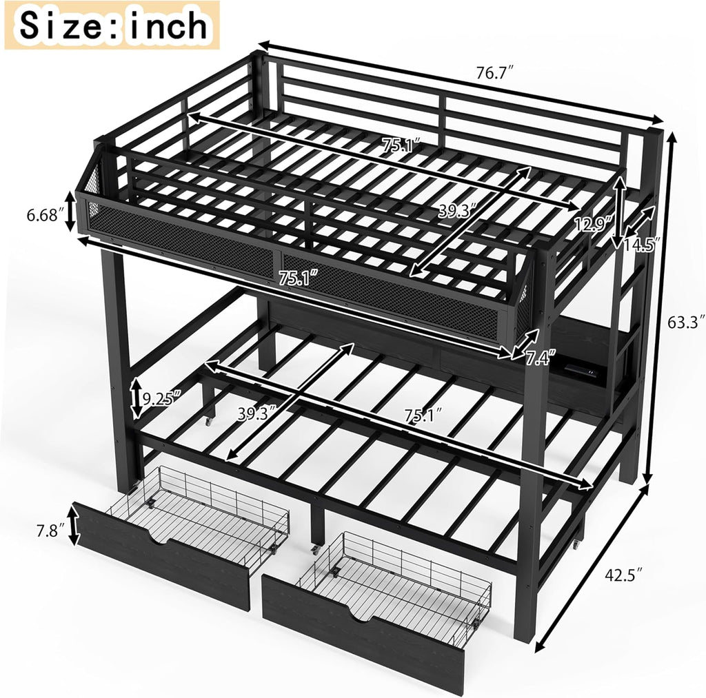 LUMISOL Twin Black Metal Bunk Bed with Storage Shelves and Drawers, Space-Saving Bunk Bed with Lights and USB Ports, Lower Bunkbed Can be Converted Sofa, Muti-Function & Noise-Free