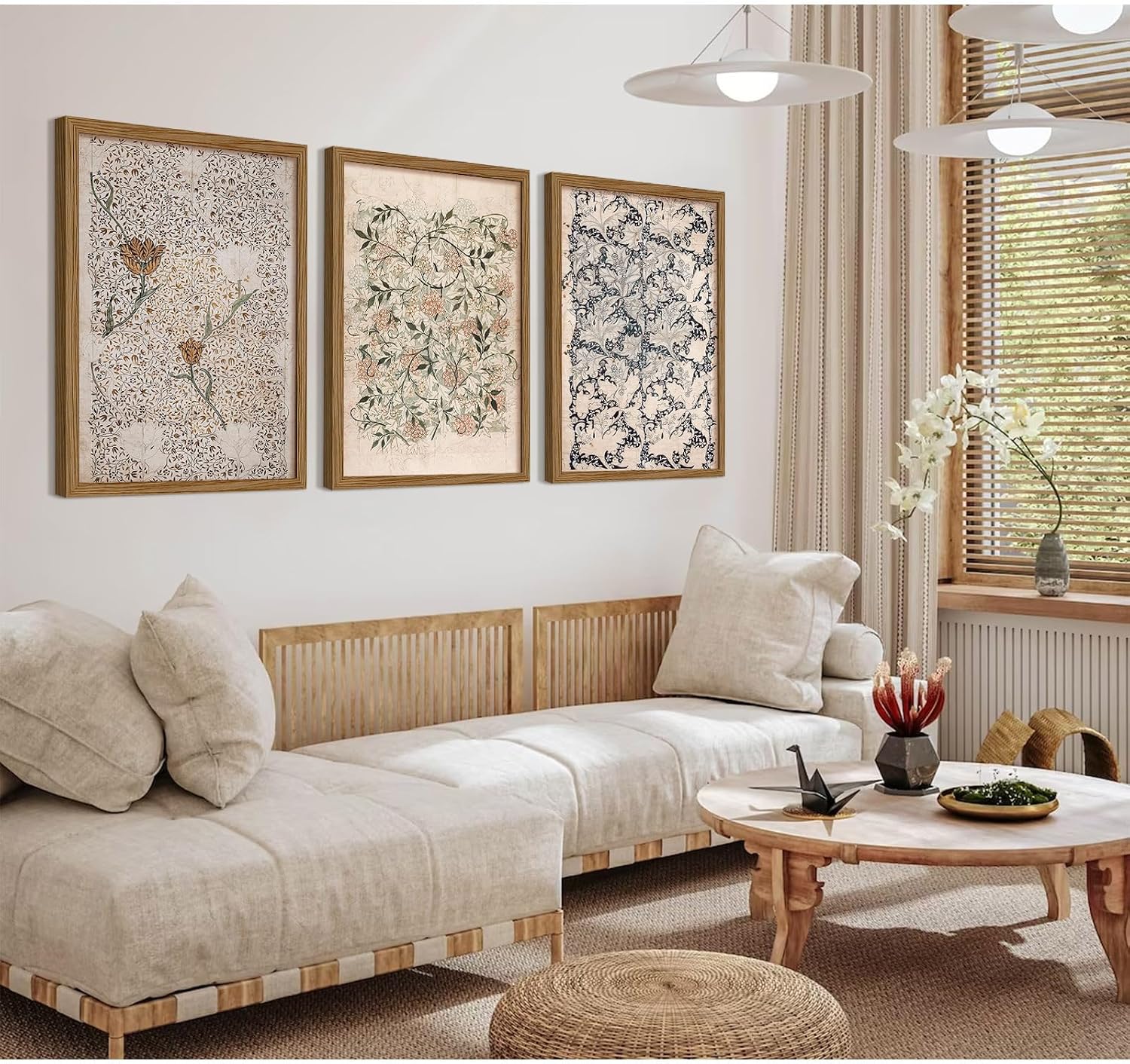 Vintage William Morris Wall Art Framed Decor Boho Floral Botanical Canvas Pictures Abstract Neutral Flower Prints Vintage Farmhouse Artwork Painting for Living Room Bedroom 24x36 Inch Set of 3