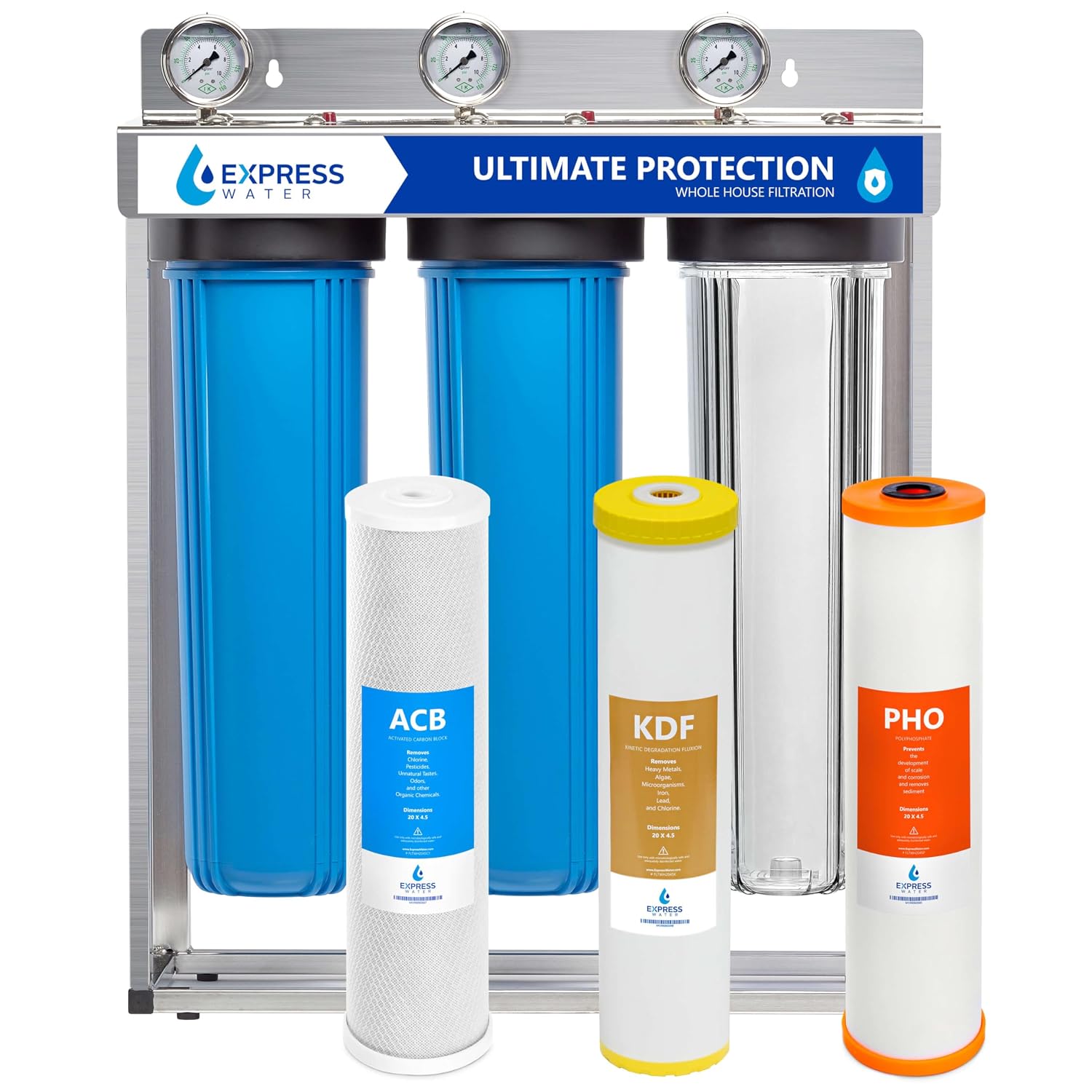 Express Water 3-Stage Whole House Water Filter System, Reduces Heavy Metals, Scale, Chloramine, Chlorine, PFAs, Lead & Arsenic, Free-standing Stainless Steel Frame & 3 Pressure Gauges