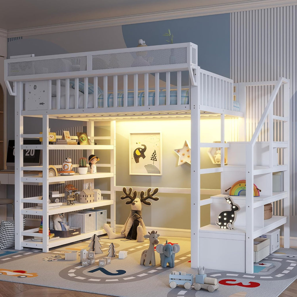 JIVOIT Metal Full Loft Bed with 4 Shelf Storage Rack, Stairs Storage, Open Shelves for Upper, Space-Saving Full Loft Bed with Guardrails and Metal Slats Support for Kids Teens (White/1)