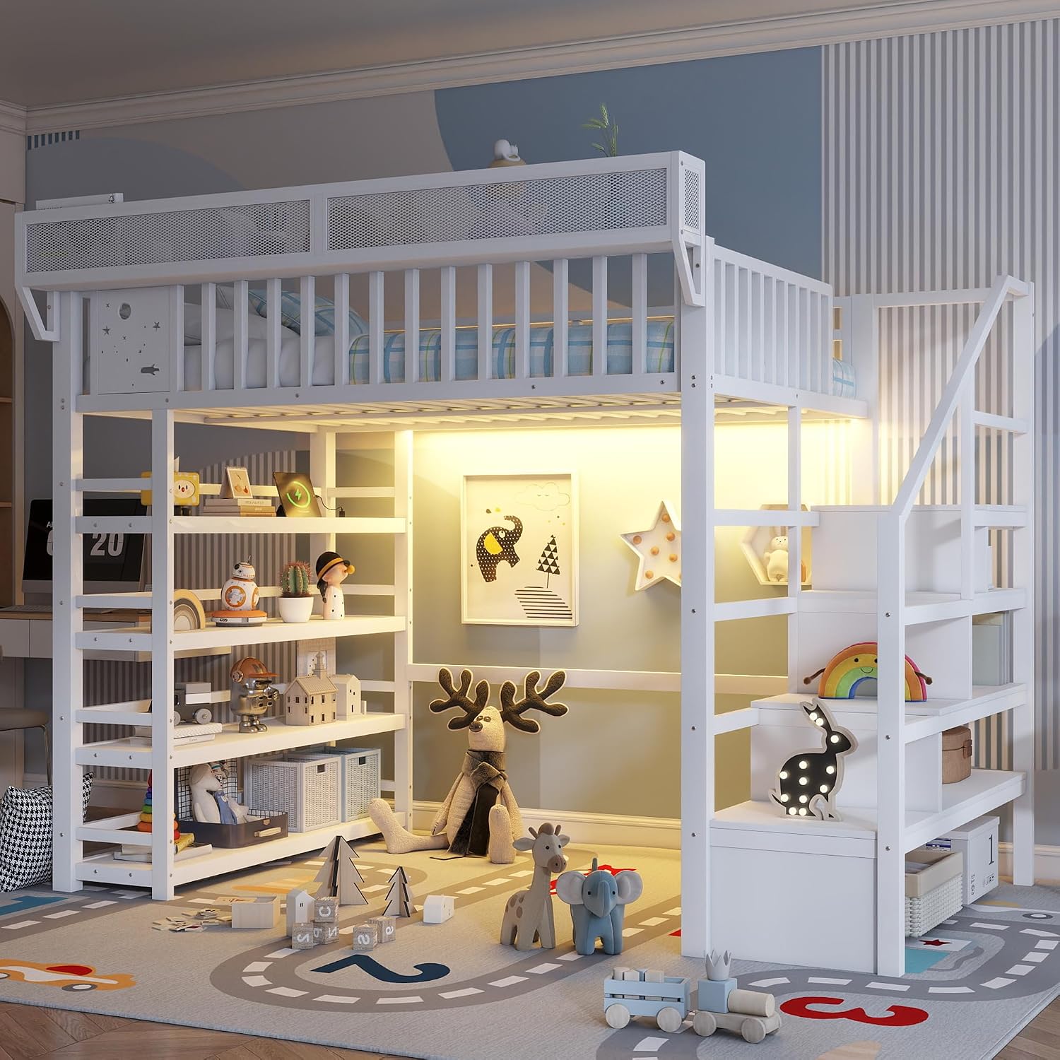 JIVOIT Metal Full Loft Bed with 4 Shelf Storage Rack, Stairs Storage, Open Shelves for Upper, Space-Saving Full Loft Bed with Guardrails and Metal Slats Support for Kids Teens (White/1)